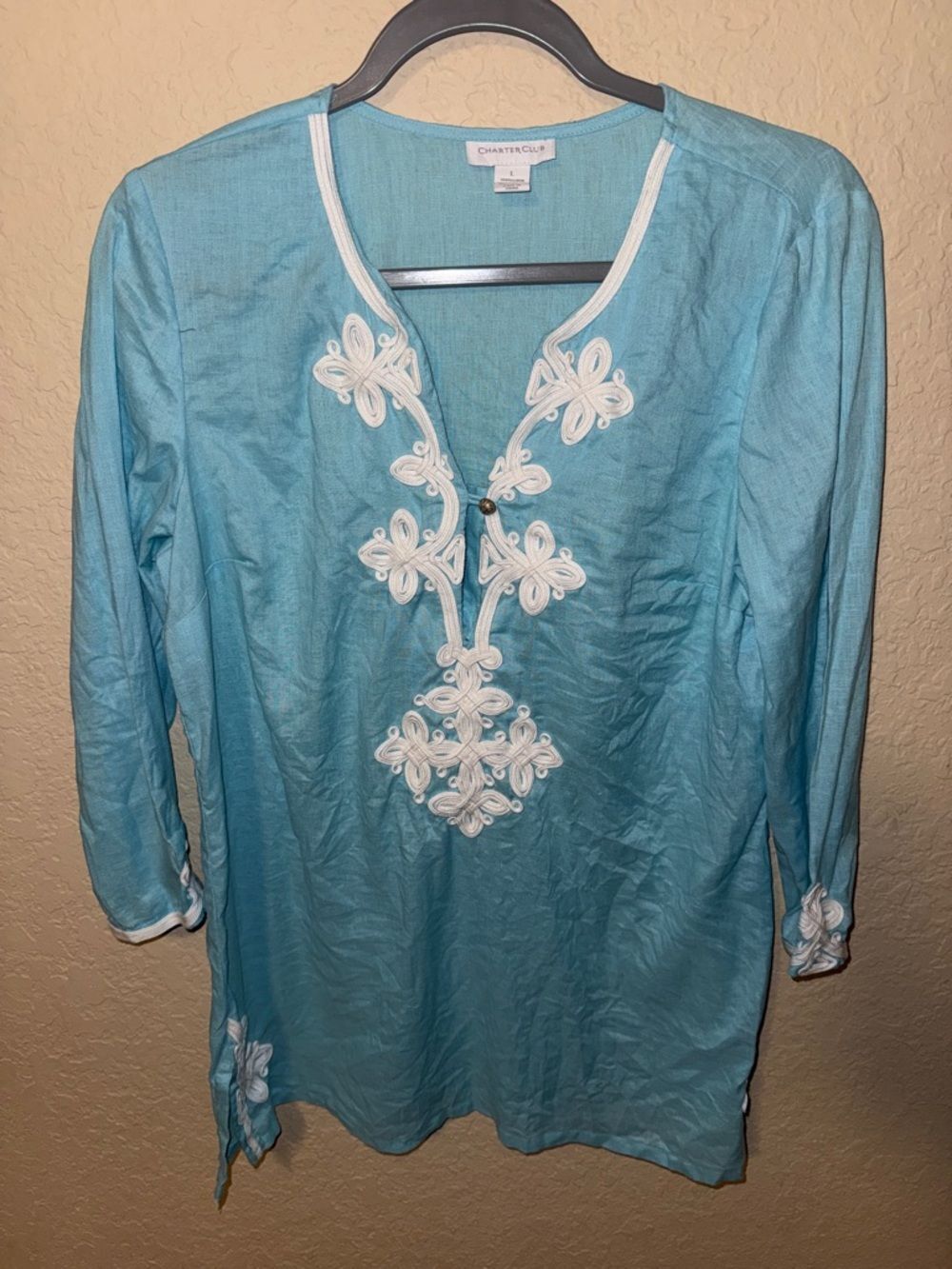 Charter Club Sky Blue Embroidered V-Neck Tunic 100% Linen Size Large